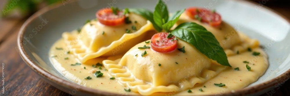 Steamed ravioli with salami and mozzarella mixture covered in a rich alfredo sauce, salami, food, dish Steamed ravioli with salami and mozzarella mixture covered in a rich alfredo sauce, salami, food, dish