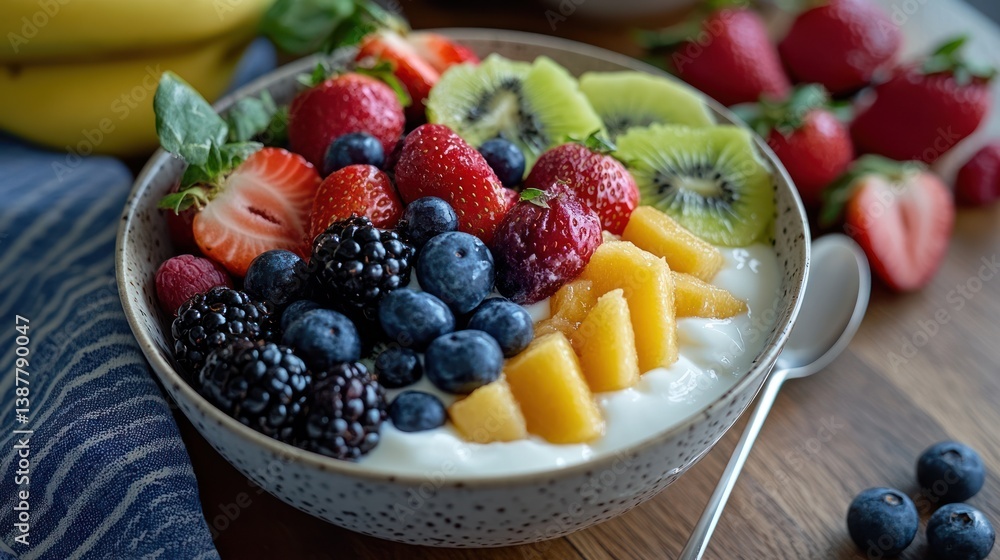 A Vibrant Bowl of Fruit Salad with Yogurt, Showcasing Freshness and Health A Vibrant Bowl of Fruit Salad with Yogurt, Showcasing Freshness and Health