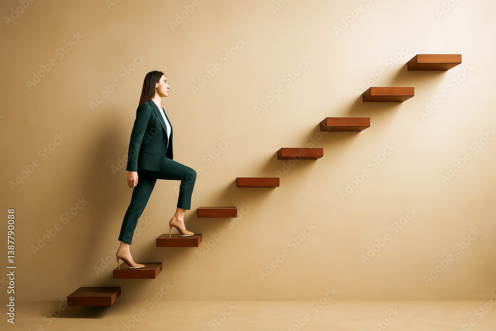 Confident businesswoman walking upward on minimalist staircase against light background symbolizing career growth and professional elevation.