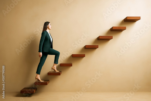 Obraz na płótnie Confident businesswoman walking upward on minimalist staircase against light background symbolizing career growth and professional elevation. w salonie