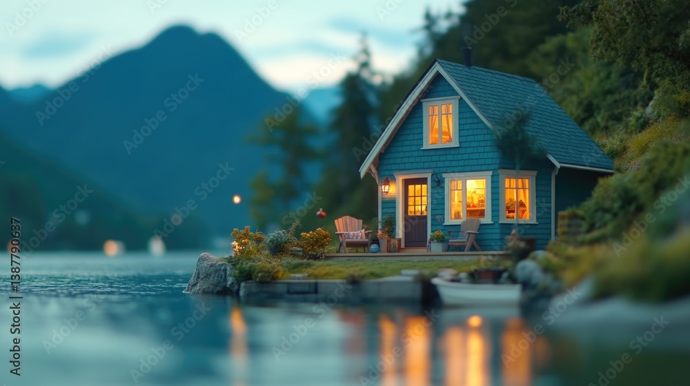 Fototapeta premium Miniature cozy cabin by a serene lake at dusk. Illuminated windows, tranquil setting, with mountains in the background