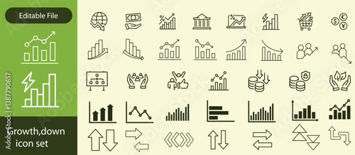 Increase and Decrease Line Icons. Editable Stroke, Contains such icons as Arrow, Chart, Diagram, Finance, Direction, Graph, Growth, Interest Rate, Investment, Performance, Stock Market, Data vectors.