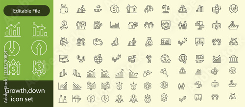 Increase and Decrease Line Icons. Editable Stroke, Contains such icons as Arrow, Chart, Diagram, Finance, Direction, Graph, Growth, Interest Rate, Investment, Performance, Stock Market, Data vectors.