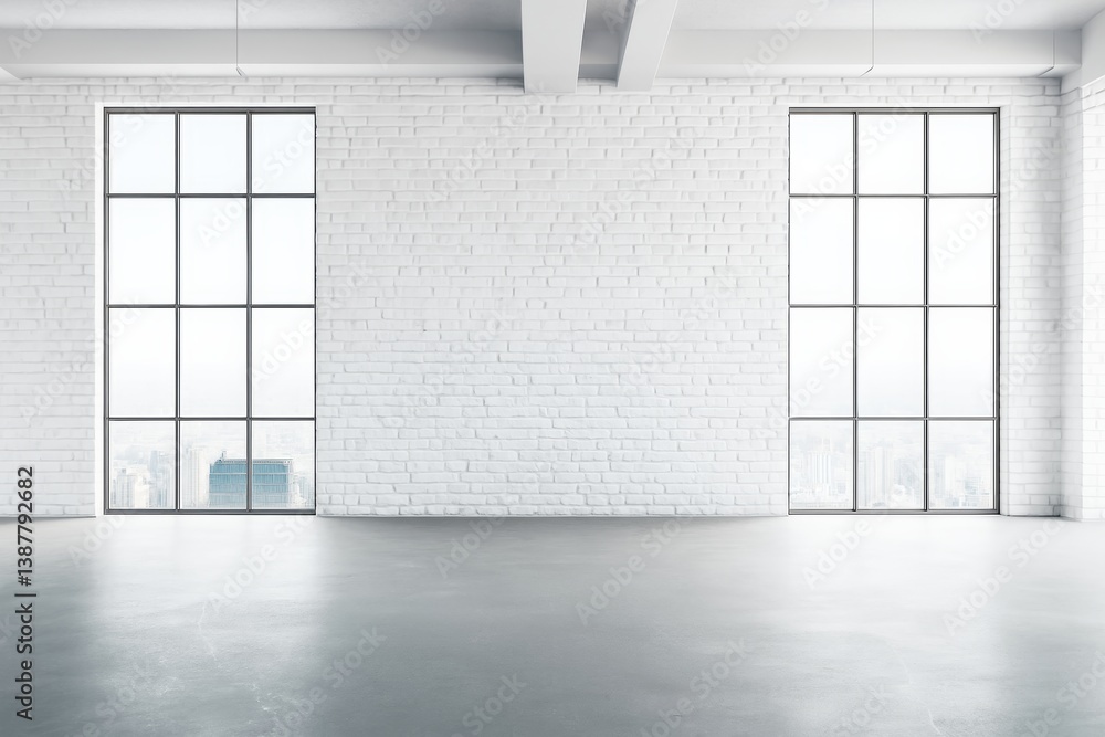 Empty white brick wall with large windows in modern industrial interior, ideal for mockup or poster presentation background concept.