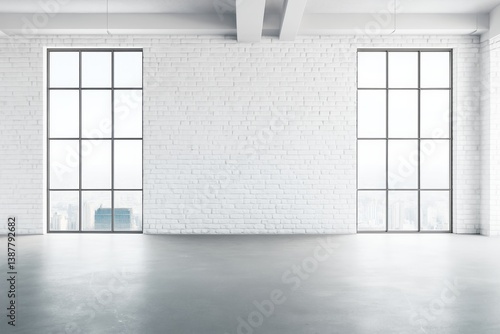 Obraz na płótnie Empty white brick wall with large windows in modern industrial interior, ideal for mockup or poster presentation background concept. w salonie