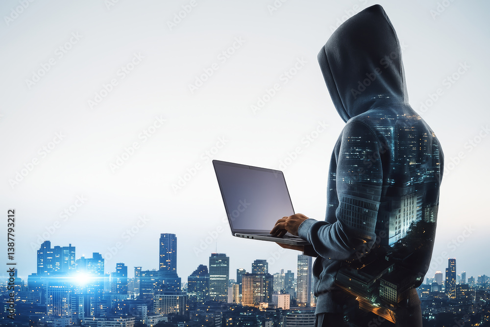 Anonymous hacker in hoodie using laptop on city rooftop with digital overlay of buildings and lights on light background, symbolizing cybercrime concept.