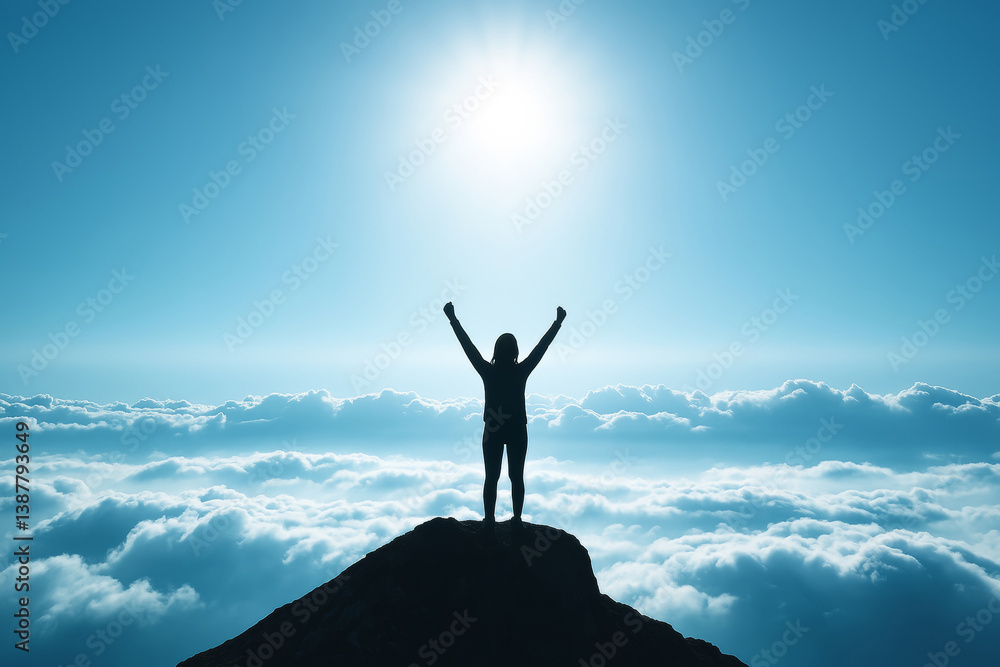 Person celebrating success on mountain peak above clouds under bright sunlight with blue sky background, symbolizing achievement and freedom.