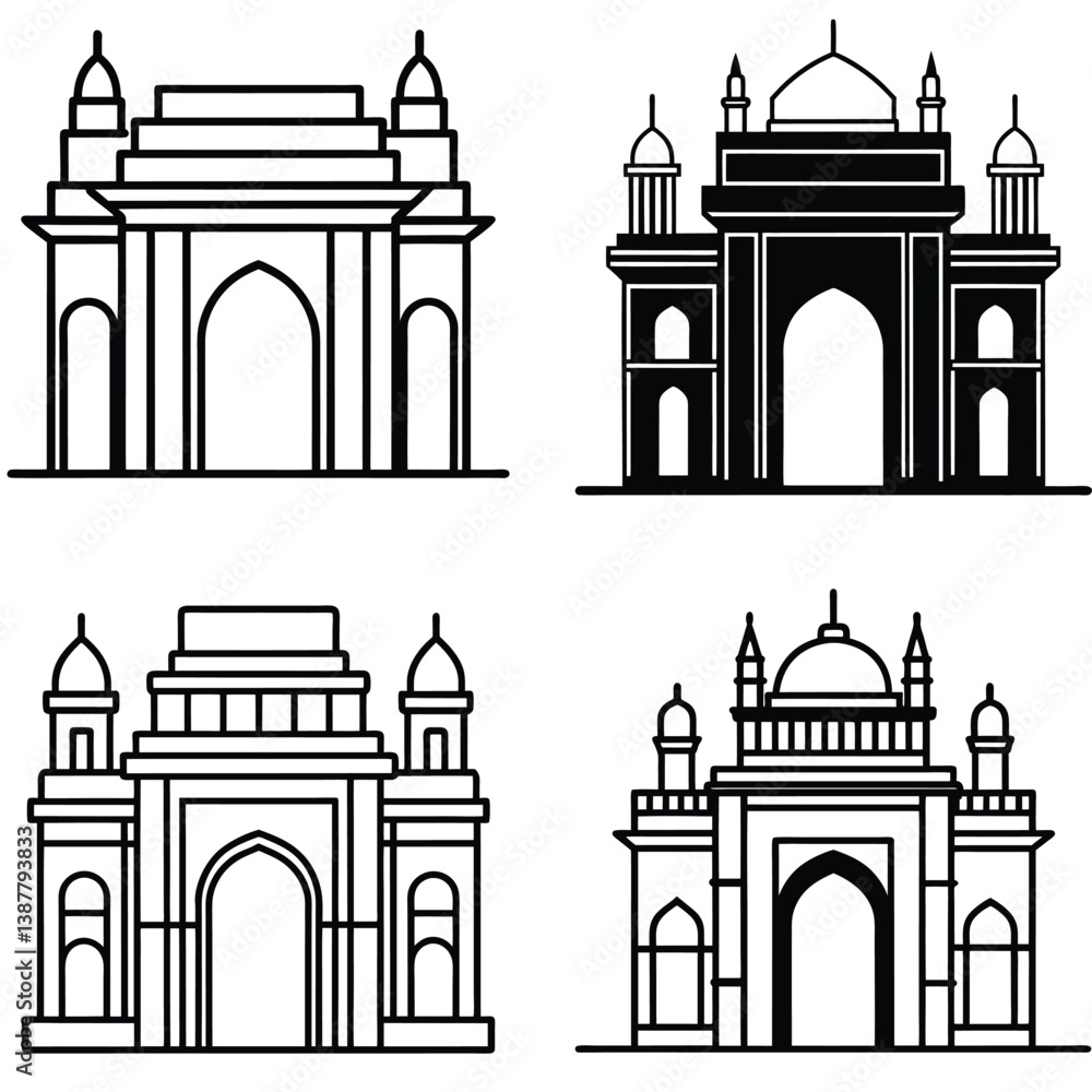 Obraz premium Minimalist Gateway of India Mumbai Logo Icon Bundle