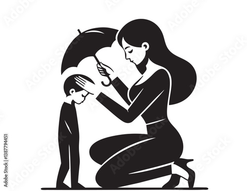 Mother hugs and protect her child. Happy Mother's day. Black flat Vector illustration