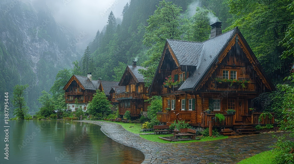 Fototapeta premium A peaceful mountain village, with quaint cottages, cobblestone streets, and lush greenery, nestled in the valley between towering peaks, creating a serene and picturesque coloring scene. 