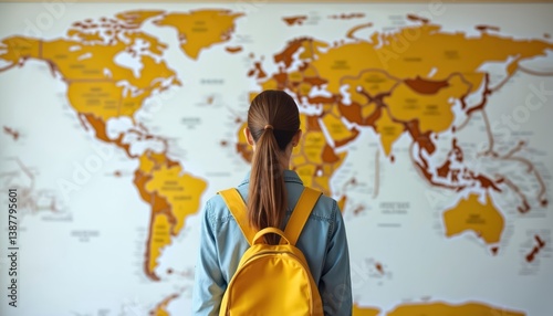Young woman looking at world map with backpack. Planning study abroad, travel, work, adventure. Concept of international education, global mobility. Consider work education, travel opportunities.