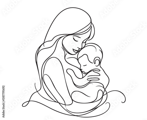 Abstract mother with a child in continuous one line drawing art style. Mother Day card. Woman hugging her baby