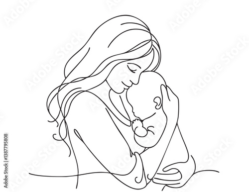 Abstract mother with a child in continuous one line drawing art style. Mother Day card. Woman hugging her baby