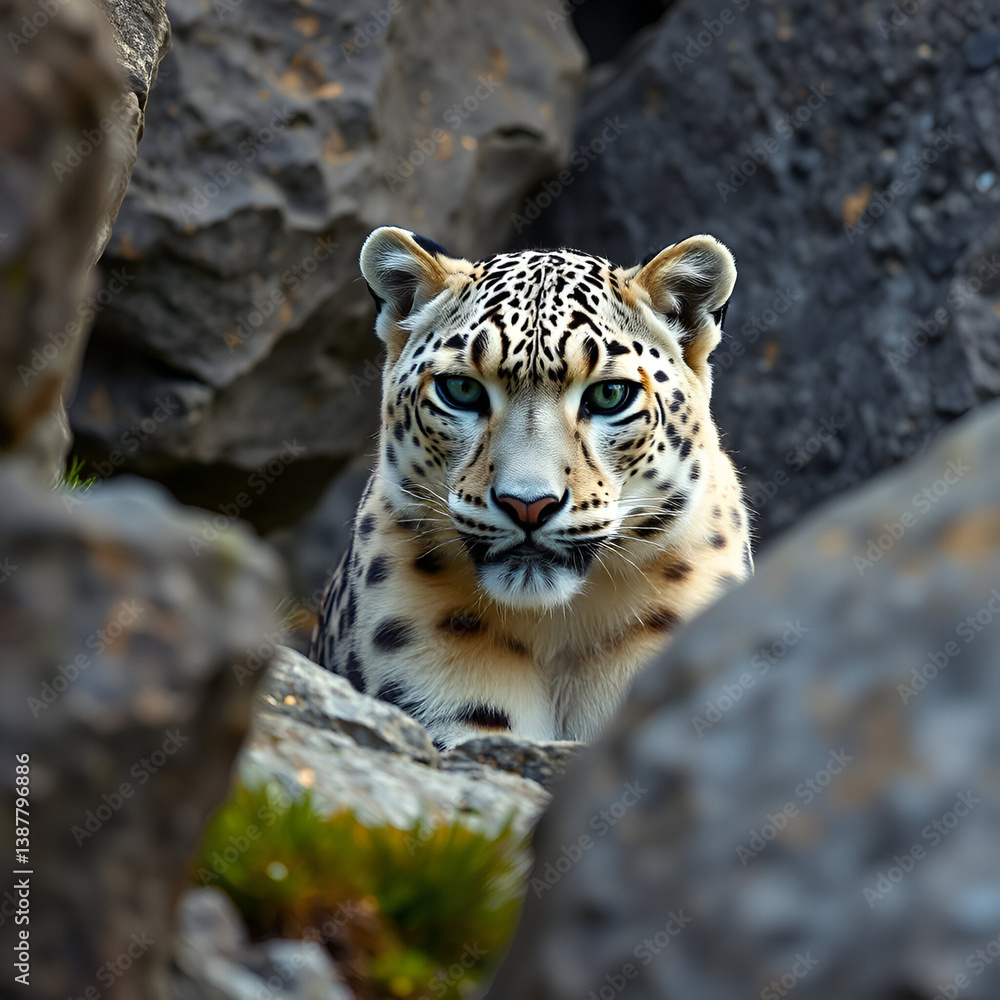 Obraz premium A snow leopard camouflaged in rocky terrain, intense gaze, ultra HD wildlife photography