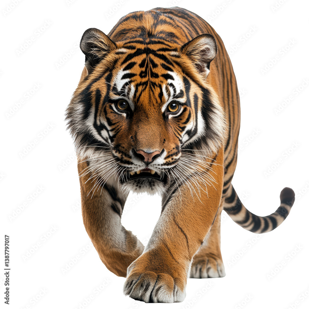 A tiger is walking on a white background. The tiger is the main focus of the image, and it is in motion. The tiger's stripes and orange color make it stand out against the white background A tiger is walking on a white background. The tiger is the main focus of the image, and it is in motion. The tiger's stripes and orange color make it stand out against the white background