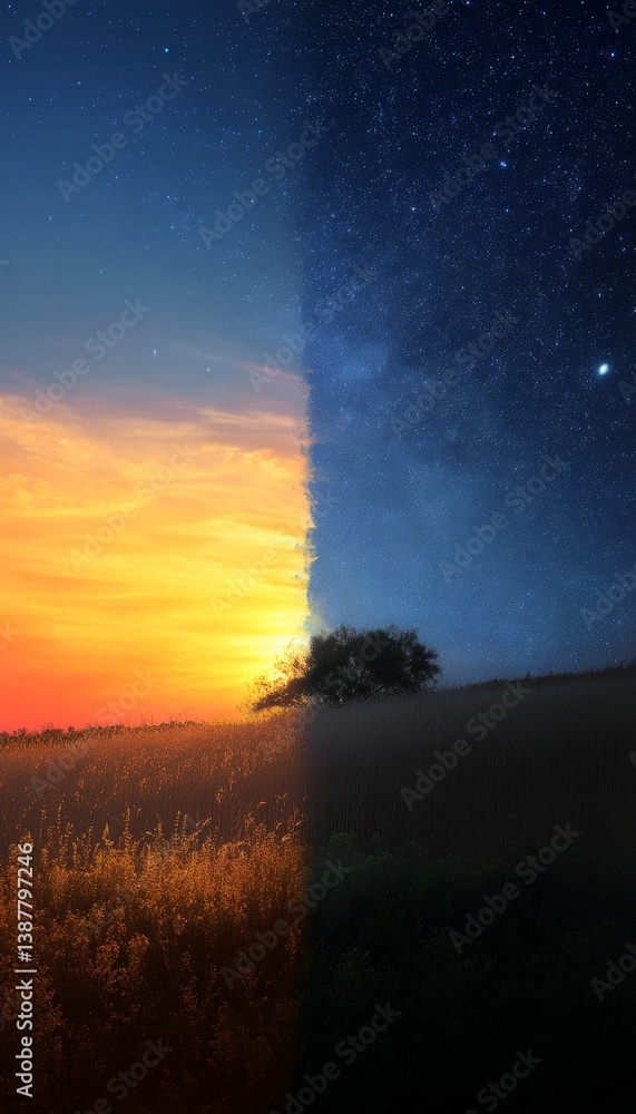 Fototapeta premium A stunning depiction of day to night transition with sunlit half sky and starry nightscape