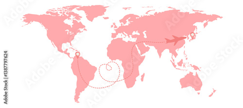 Cartoon illustration of a pink world map with a small airplane flying across it, drawing a heart-shaped path in the sky. Long distance love concept