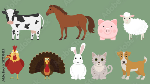 A cow, a horse, a chicken, a turkey, and a rabbit are there