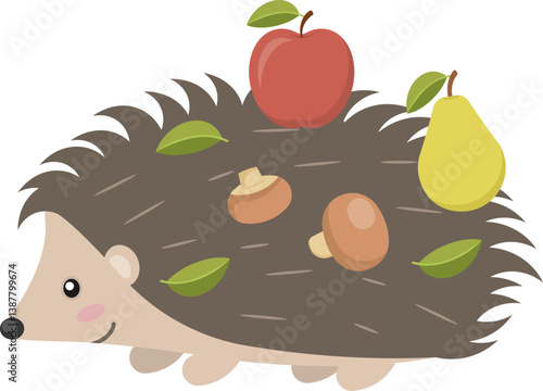 A hedgehog with apples, pears, mushrooms, and leaves on its back