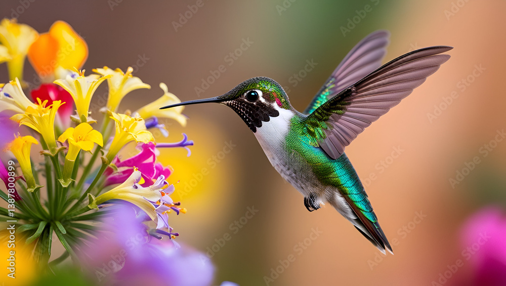 Fototapeta premium A hummingbird hovering over vibrant flowers, wings frozen in motion, macro photography