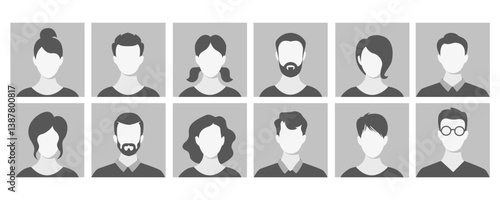 Collection of twelve monochrome faces of men and women with different hairstyles. Vector avatars of different people, social network profiles