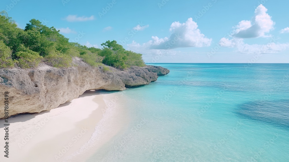 Fototapeta premium A pristine beach with white sand meets turquoise water. Rocky cliffs, topped with lush green vegetation, form a natural border. The scene is bright and sunny, showcasing a high-quality image. The ca