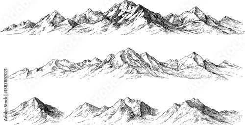 Hand-drawn mountain range, vector art, white background