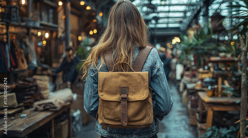 Fototapeta premium Young woman exploring a vibrant market with a stylish backpack, natural light, and rustic ambiance