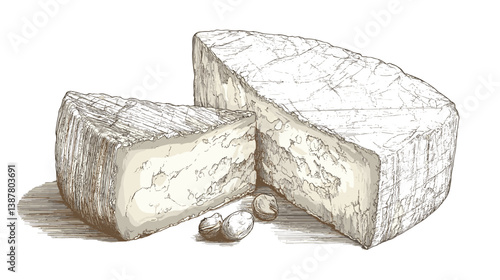 Sketch of a cheese wheel with a wedge cut out, artistic illustration highlighting gourmet cheese and dairy products