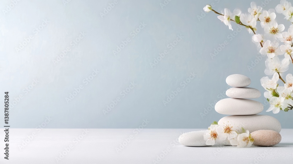 A stack of smooth, white stones sits on a table, adorned with delicate white blossoms. A branch with more blossoms extends to the right. The image is high-resolution, features soft, natural lighting, A stack of smooth, white stones sits on a table, adorned with delicate white blossoms. A branch with more blossoms extends to the right. The image is high-resolution, features soft, natural lighting,