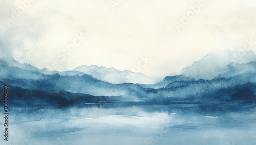serene watercolor landscape featuring soft blue hues, depicting distant mountains and calm lake. gentle blending of colors creates tranquil atmosphere, inviting reflection and peace