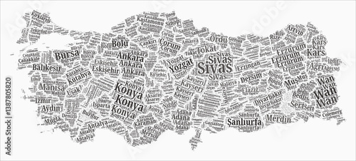 Turkey Text Style Regions. Country region names word clouds in the Turkish language. Beautiful vector illustration.