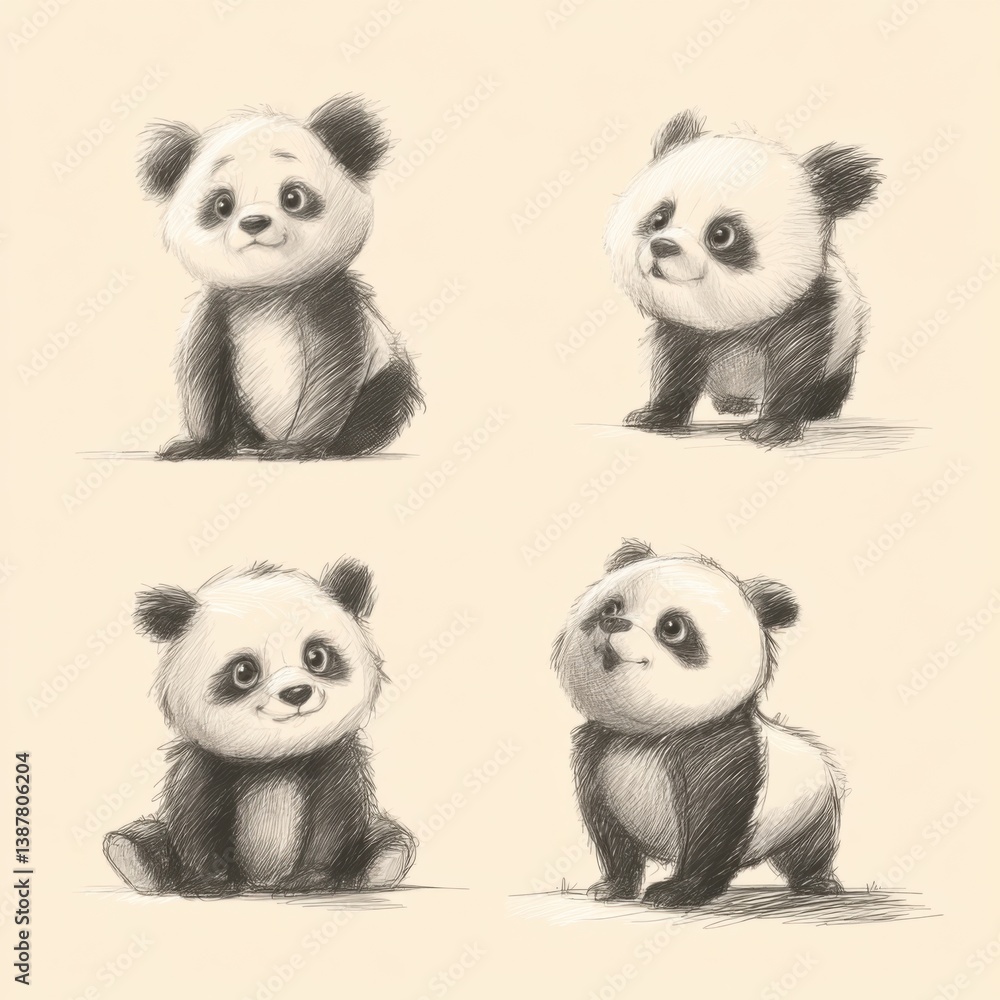Obraz premium Cute panda sketches in four poses.