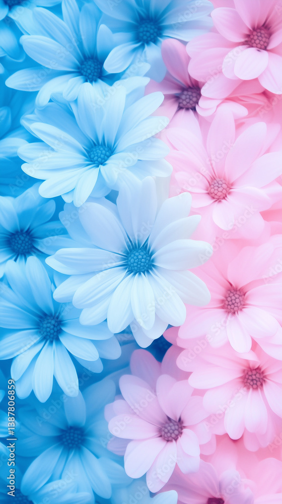 split of blue and pink daisy flowers, delicate floral background split of blue and pink daisy flowers, delicate floral background