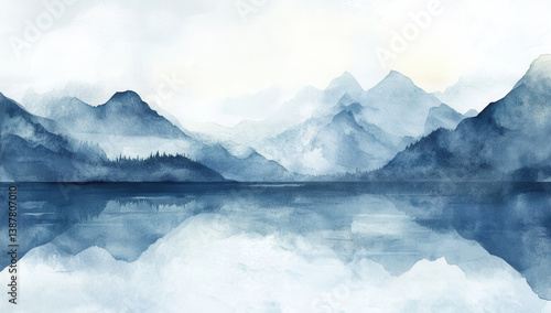 serene landscape featuring watercolor painting of mountains and calm lake, reflecting soft hues of blue and gray. tranquil scene evokes sense of peace and natural beauty