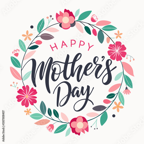 Happy mothers day calligraphy, floral text on white background