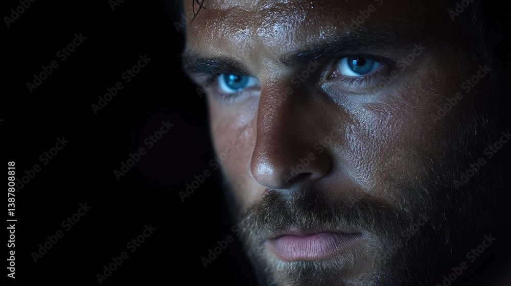 Fototapeta premium Intense male portrait with piercing blue eyes and sweat-dampened skin