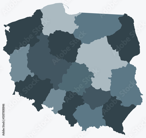 Map of Poland with regions. Just a simple country border map with region division. Blue grey color palette. Blank Poland shape with administrative division. Vector illustration.