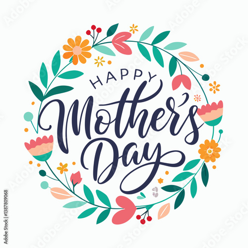 Happy mothers day calligraphy, floral text on white background