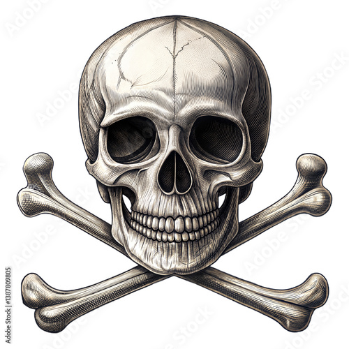 Engraved Skull And Crossbones Illustration On transparent Background.