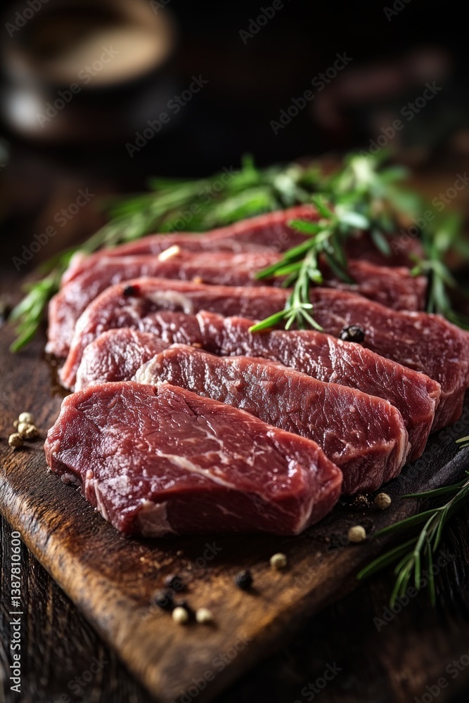 Freshly Cut Raw Beef Steaks Arranged on a Wooden Cutting Board Freshly Cut Raw Beef Steaks Arranged on a Wooden Cutting Board
