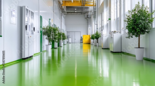 Factory Hallway Green Flooring Industrial Modern Style High-gloss Polished Finish Long Perspective View Potted Plants Clean Bright Industrial Facility Bright Green Architectural Photography