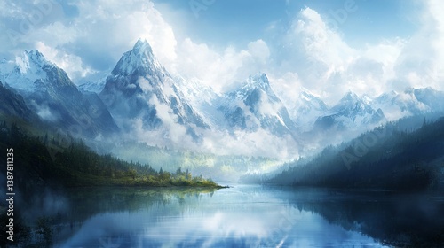 Wallpaper Mural Snow covered mountains and their reflection above still blue water Torontodigital.ca