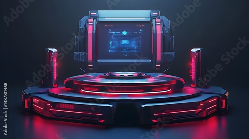 3d illustration rendering of joystick button controller floating for gamer technology futuristic cyberpunk display gaming scifi stage pedestal background