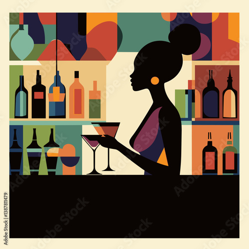 Dark-skinned female bartender holding drinks in abstract bar setting

