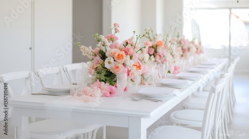 White Table Pink Floral Centerpieces Bright Minimalist Style High Resolution Natural Light Long Table Setting Delicate Blooms Wedding Reception Elegant Soft Pastel Hues Ideal for Wedding Blogs