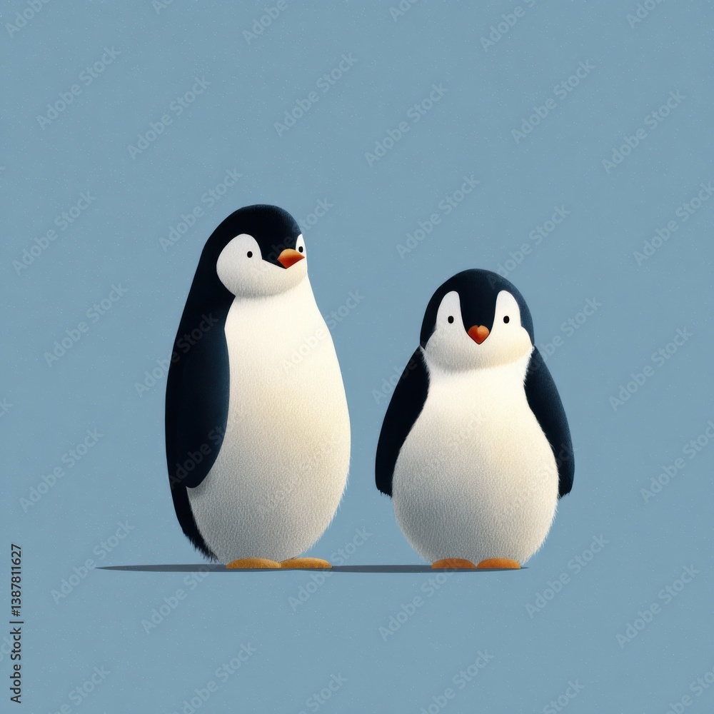 Fototapeta premium Two cute cartoon penguins on a blue background.