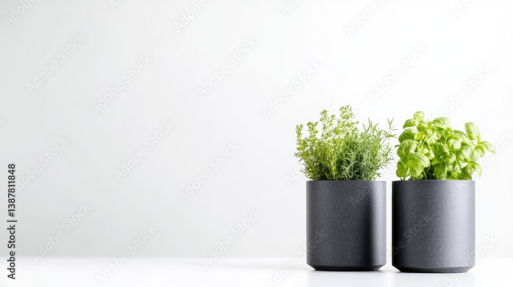 Fototapeta premium Two potted herbs sit on a white surface against a white background. The dark gray cylindrical pots contain thyme and basil. The image is well-lit, high-resolution, and minimalist in style. Muted gr