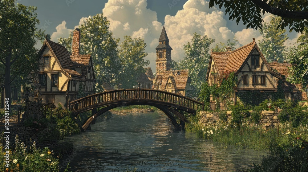 Naklejka premium A charming wooden bridge crossing a slow-moving river in a quaint village --ar 16:9 --v 6.1 Job ID: fc8d98a8-85d0-41f9-9cce-9fa4c0ca44f1