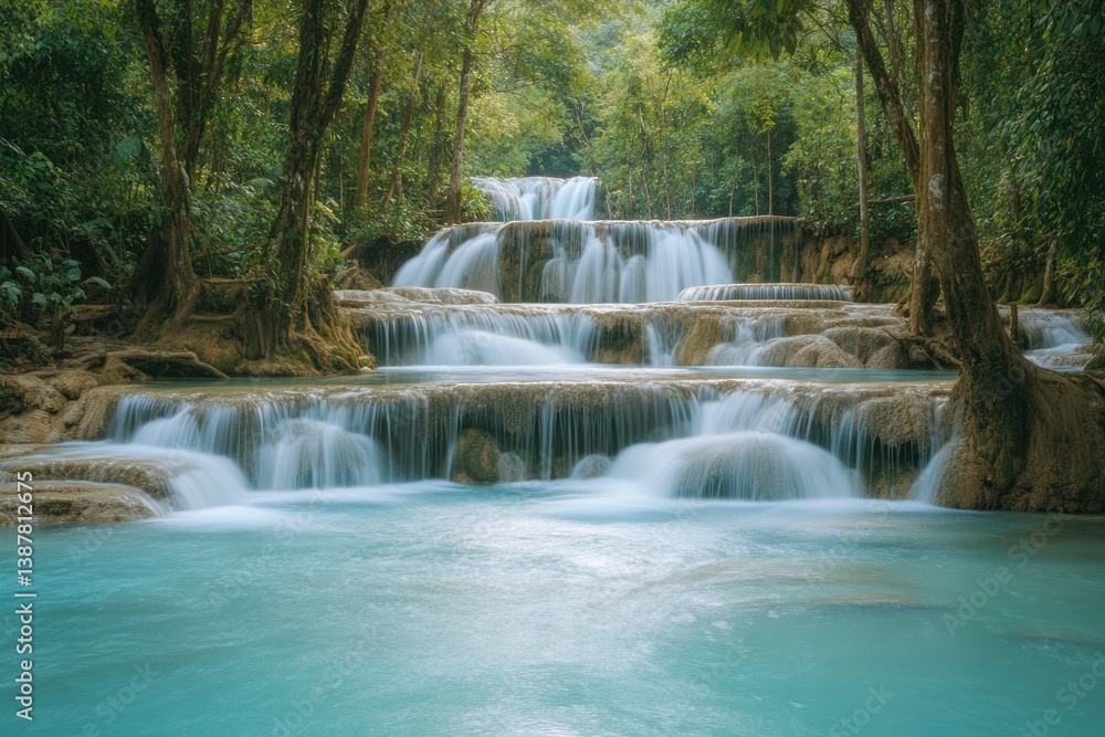 Obraz premium A beautiful cascade of water flows through the lush green forest
